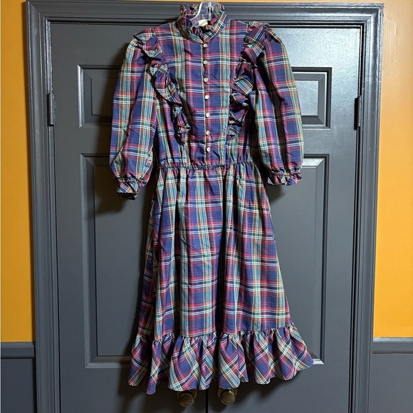 Dresses & Skirts - Vintage Colorful Plaid Ruffle Dress with Pearl Buttons